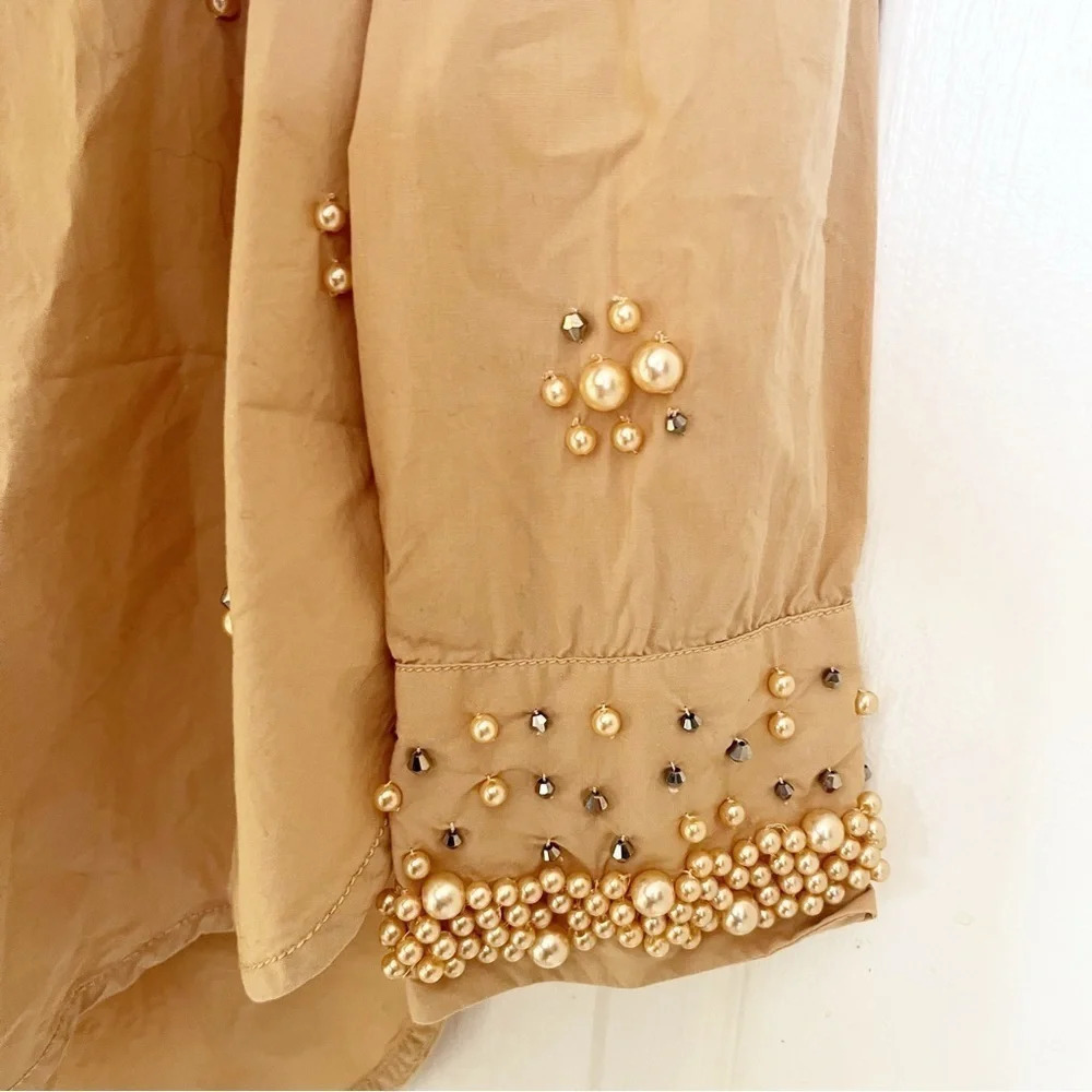 Anthropologie Maeve Bennet Button Shirt Pearl Embellished Art Deco Tan Medium - Picture 4 of 11